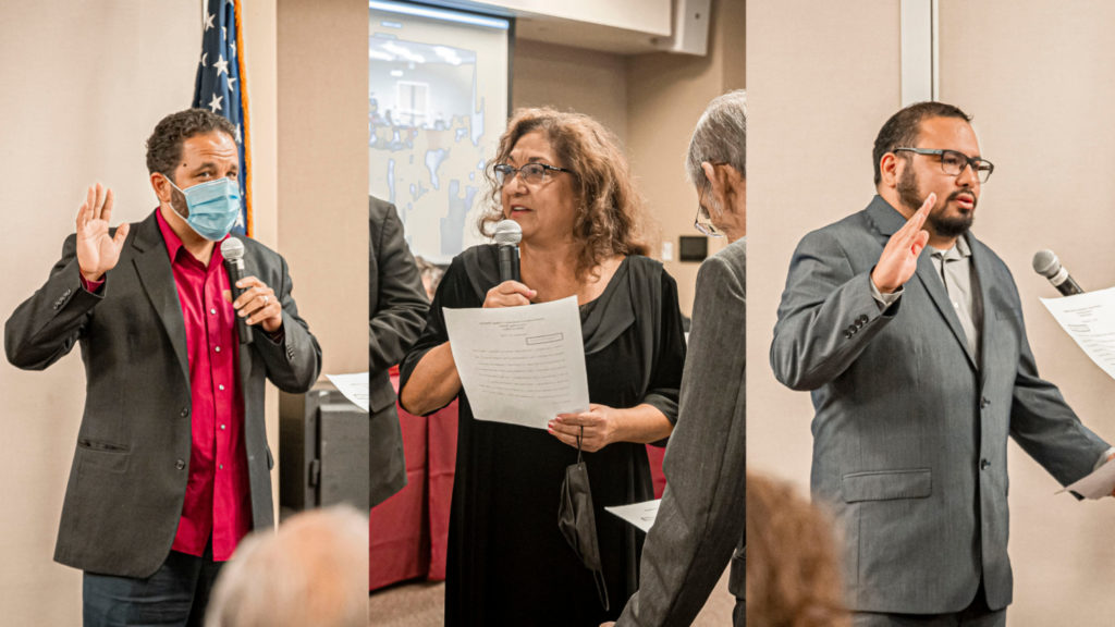collage of 3 governing board members taking oath of office